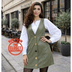 ZARA V-Neck Button Mini Dress NWT | Green Faux Leather Pinafore S/M